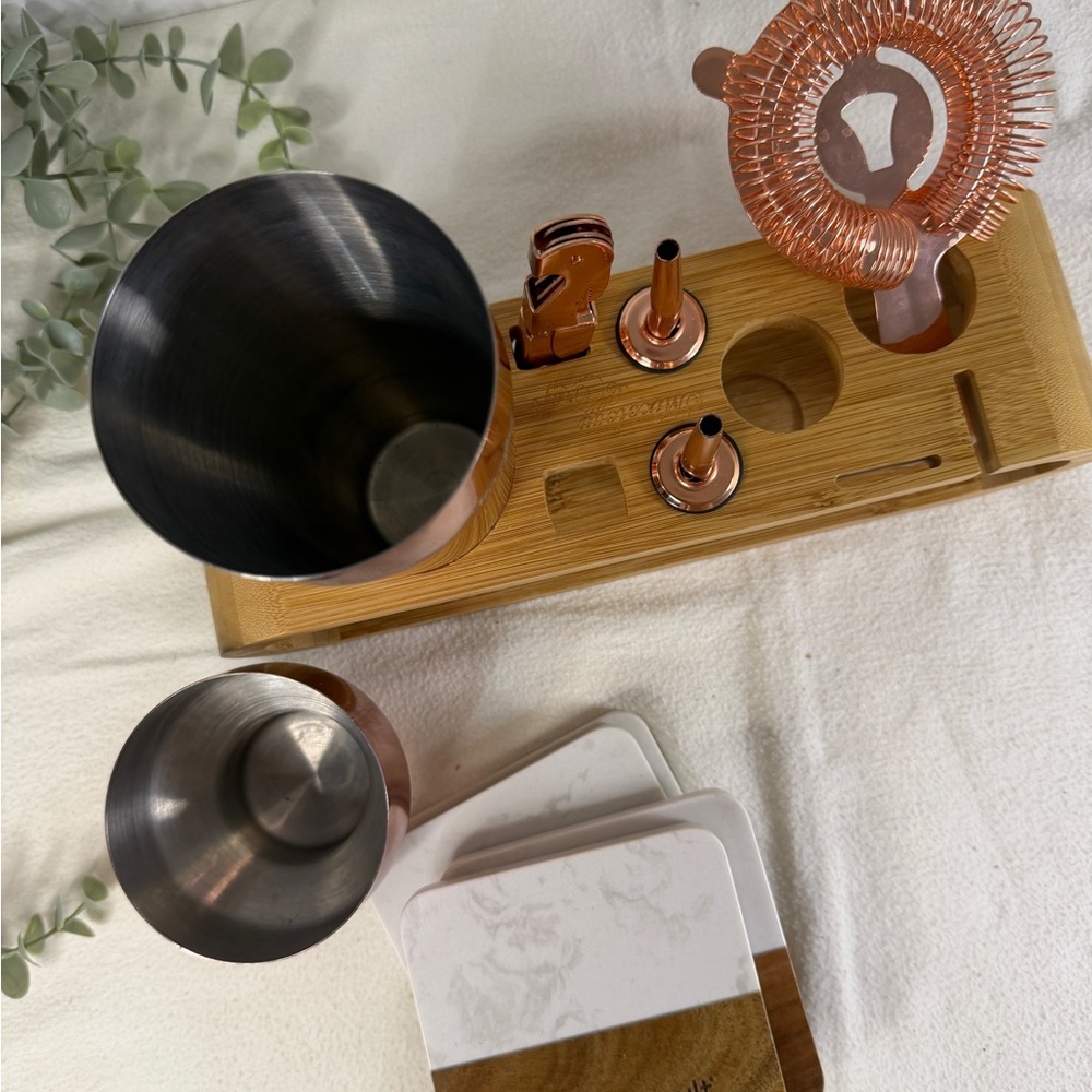 Rose Gold Cocktail Shaker Bar Set w/ Bamboo Stand, Strainer & 4 Coasters - Picture 10 of 10